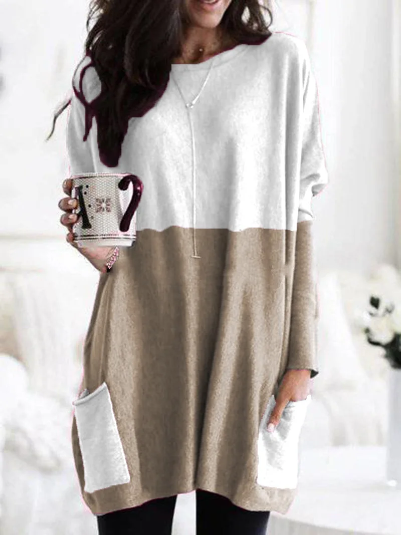 

New Round Neck Long Sleeve Stitching Casual Pocket T-shirt Top Women's