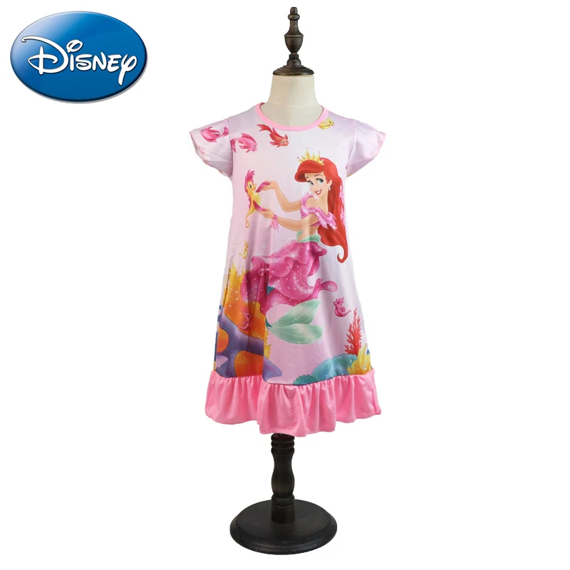 Disney Mermaid Dress Girls Nightdress Clothes Cartoon Pajamas Children's Clothing Short Sleeve Pajamas Dress Kids Family Wear