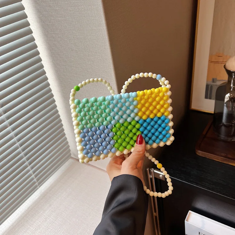 

Плетеные сумки на плечо ручной работы с жемчугом контрастных цветов для женщин, новинка 2023, модная сумка через плечо, кошелек, сумка, клатч, женский кошелек