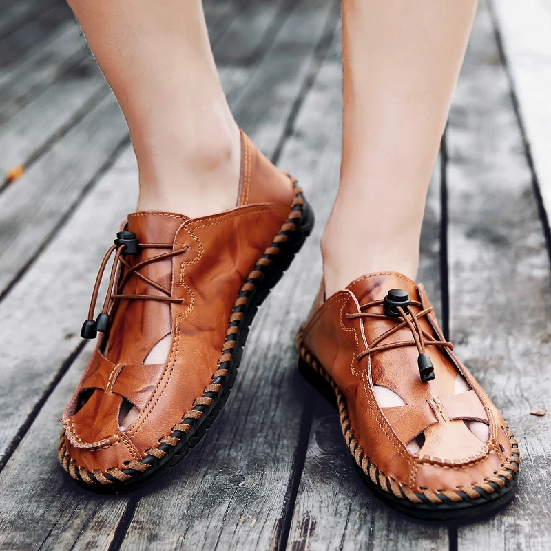 

Сандалии-гладиаторы мужские из натуральной кожи, дышащие пляжные босоножки с вырезами, модная повседневная обувь, резина, римские сандалии,...