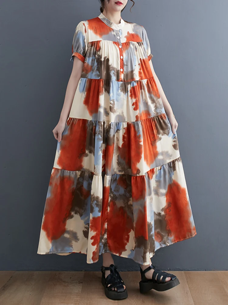 

Женское платье-рубашка с коротким рукавом, повседневное Свободное длинное платье с винтажным принтом, весна-лето 2023