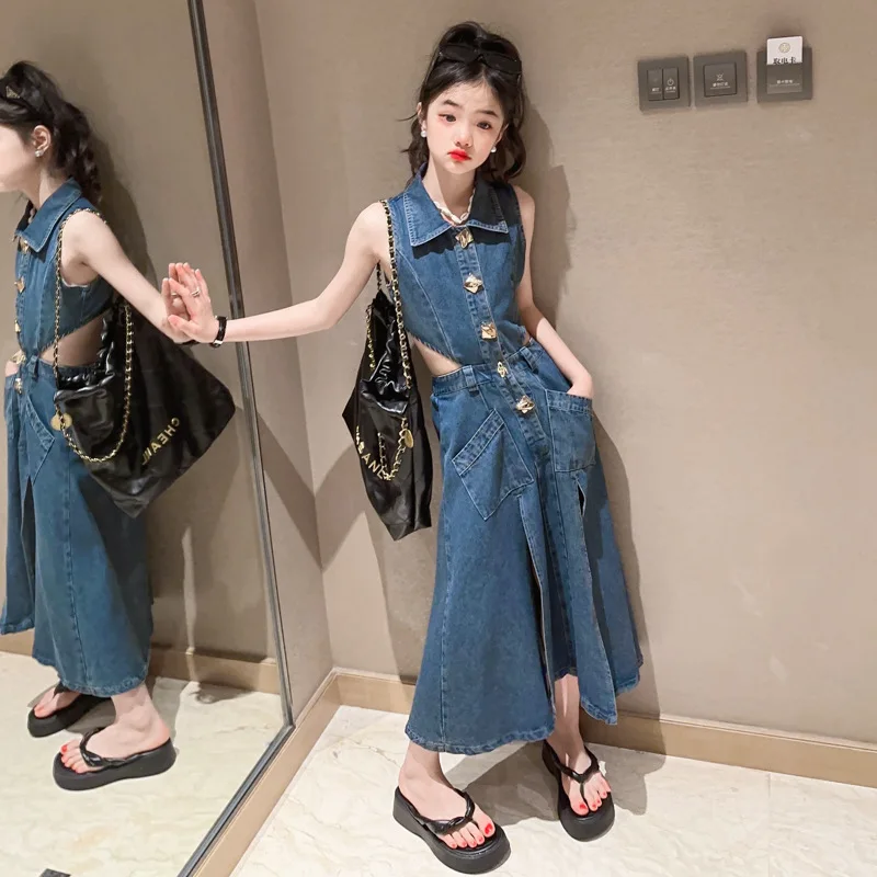 

Джинсовое платье с открытой спиной для девочек, вечернее длинное платье для подростков, летние детские платья для девочек 10, 12, 14 лет