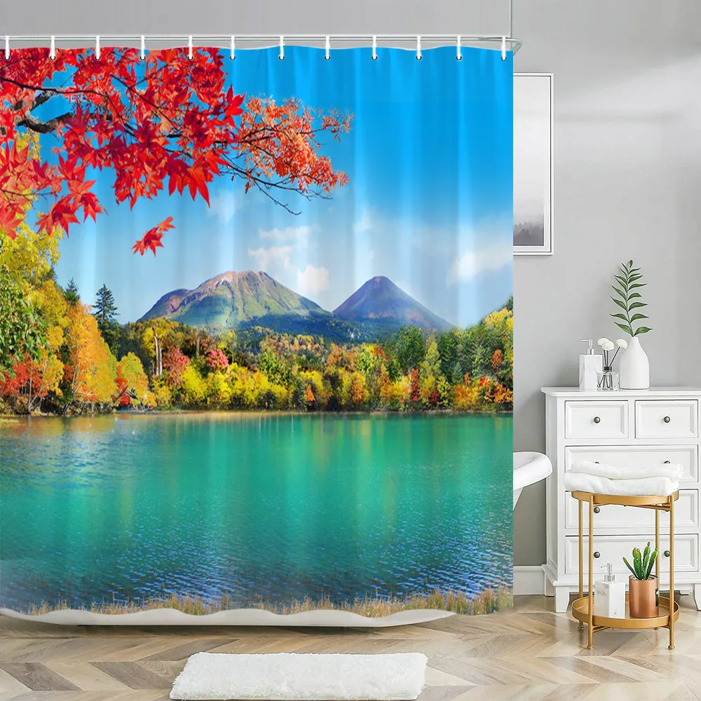 

Beautiful Autumn Outdoor Scenery Shower Curtain Forest Waterfall Fiery Red Maple Leaves Washable Shower Curtains Bathroom Decor