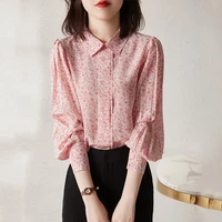 vintage printed lapel lantern sleeve floral shirt womens clothing 2022 autumn new commute tops elegant loose all match blouses
