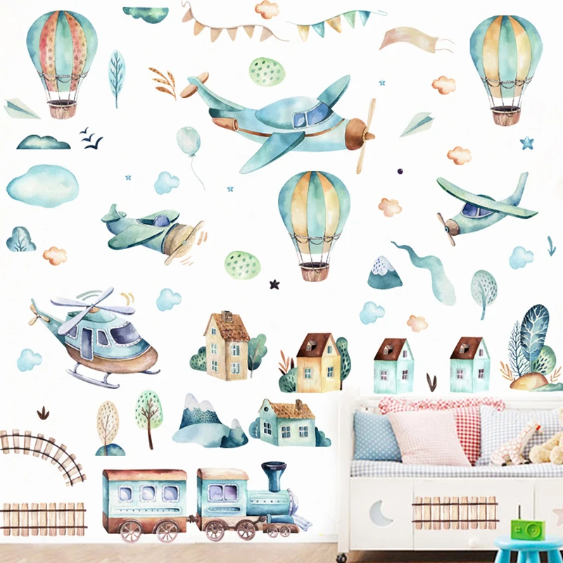 

Hand-painted Hot-air Balloon Train Wall Stickers DIY for Children Room Nursery Wall Decoration Self-adhesive Waterproof Sticker