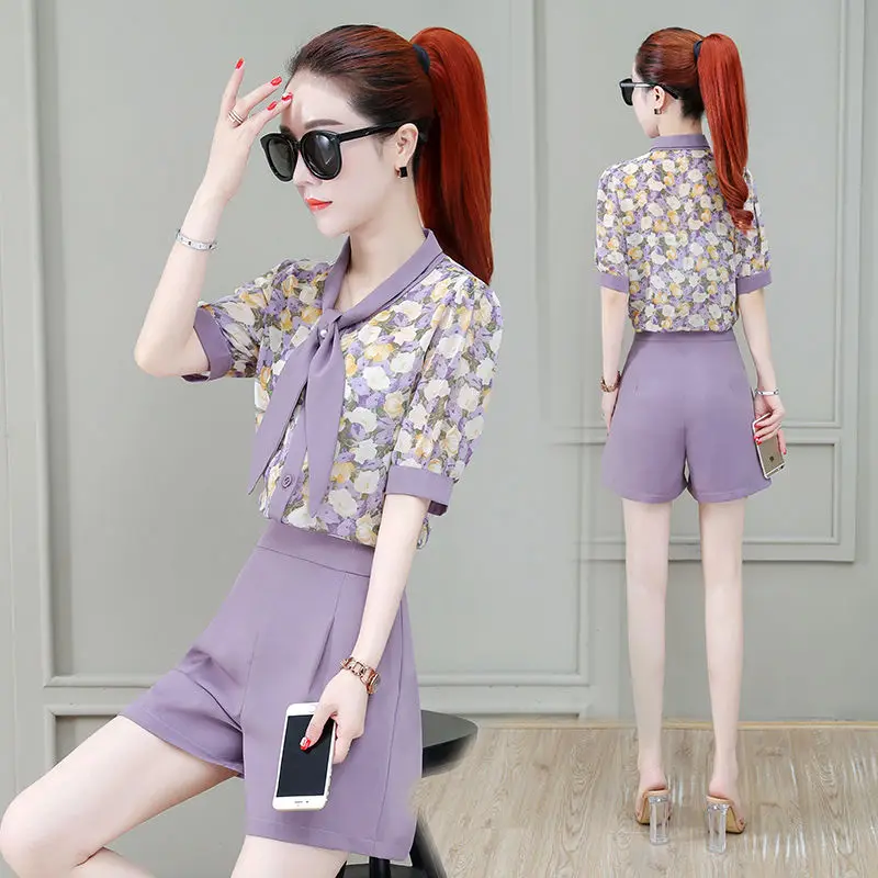 

Women's T-shirt Office Lady Retro Elegant Floral Chiffon Shirt Top Shorts 2 Pieces Set 2022 New Summer MIni Pants Suit J520