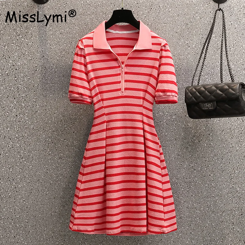 

Big Size Women Pink Striped Dress Summer 2022 Zipper Turn-down Collar Short Sleeve High Waist Casual T shirt Dresses