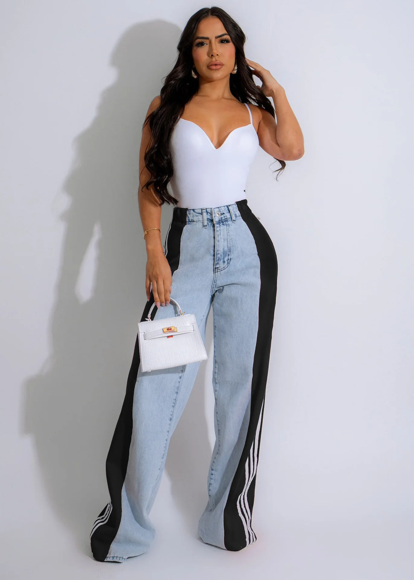 Damskie spodnie jeansowe Summer Fashion Side Patchwork Striped Wide Leg Jeans Lady Casual High Waist Elastic Denim Straight Pants