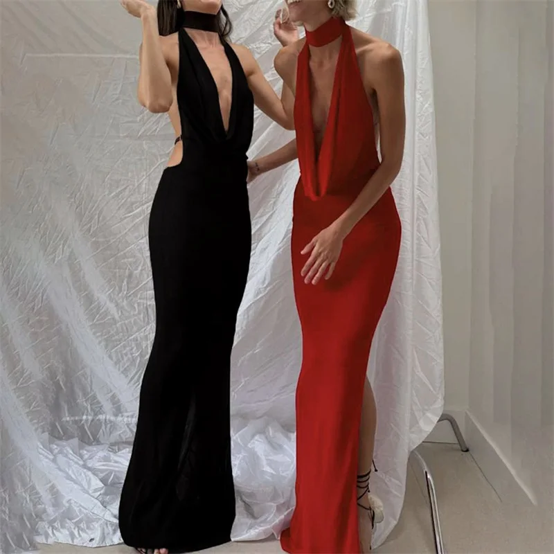 Сексуальное женское платье для выпускного вечера с лямкой на шее и V-образным