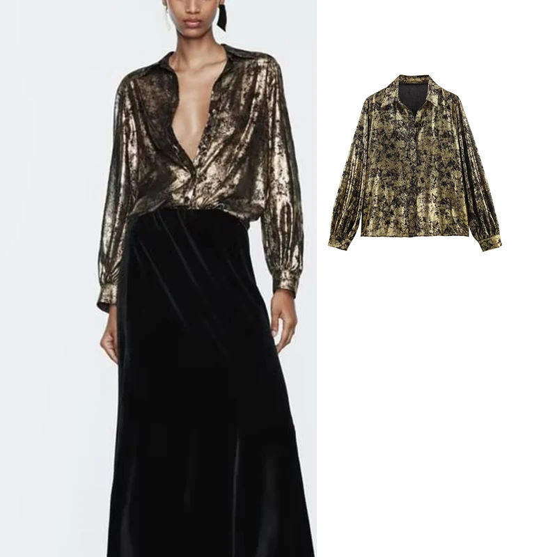 

TRAF Metallic Foil Shirt Woman Vintage Print Shirts For Women 2023 Long Sleeve Blouse Female Button up Shirts and Blouses Tops