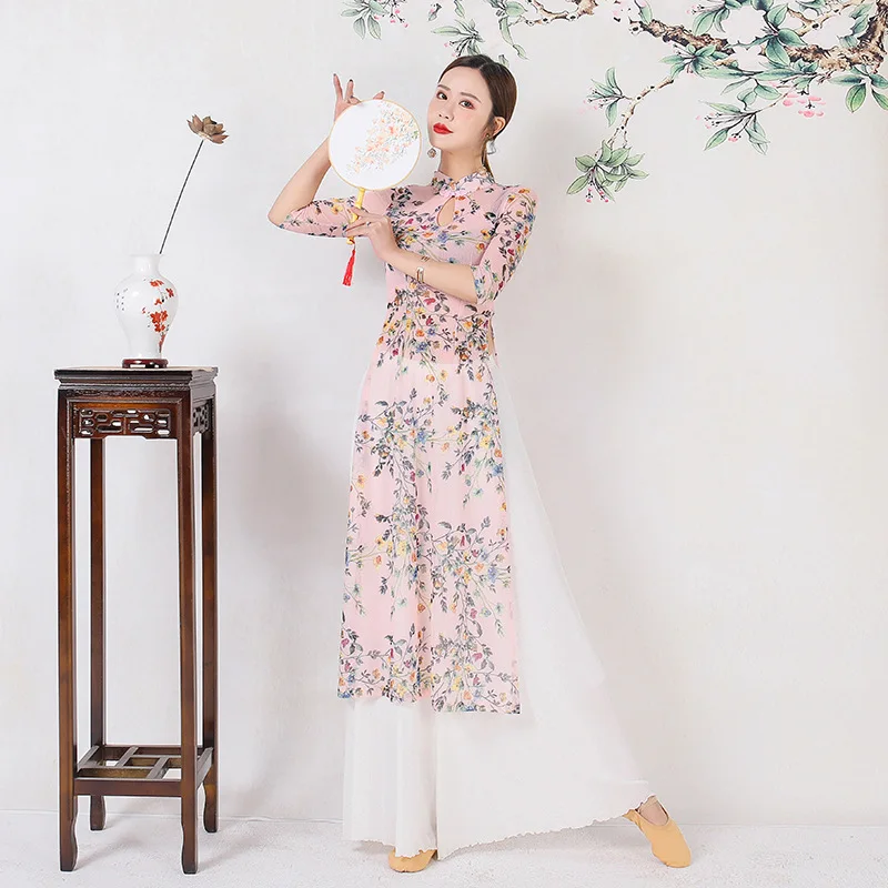 

Women Oriental Classical Belly Dance Costumes Ladies China Hanfu Suits Pink Print Cheongsam Top And Loose Wide Leg White Pants