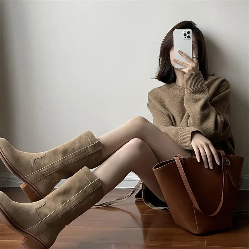 

Street-inspired Nubuck Round-toe Loose Boots Flat Mid-boots Shoes for Women Platform Shoes Boots Women Heels Women 2022 New