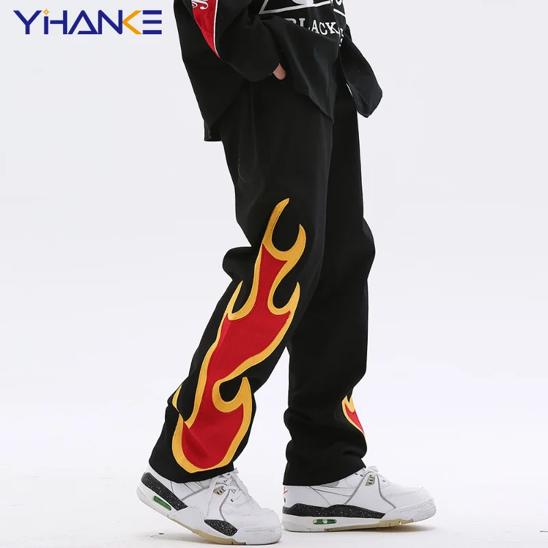 Flame Embroidery Hip Hop Jeans Mens and Womens Vintage Straight Casual Pants Oversized Black Y2K Streetwear Boyfriend Jeans