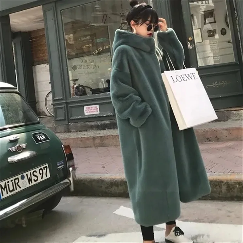 

Winter Imitation Mink Velvet Overcoat 2021 New Faux Fur Coats Parkas Women Thick Loose Warm Outwear Plush Hooded Jacket Female