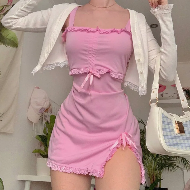 

Summer Mini Bodycon New Korean Hot Sexy Womens Sweet Kawaii Pink Slash Sleeveless Ruffles Sheath Tank Dress Y2k E Girl Female
