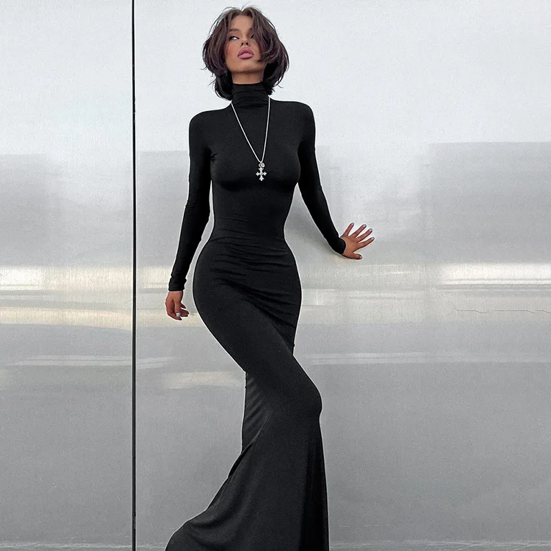 

Maxi Bodycon Dress Women Long Sleeve Outfits Elegant Fashion Sexy Party Evening Club Wrap Black Winter Dress Turtleneck Vestidos