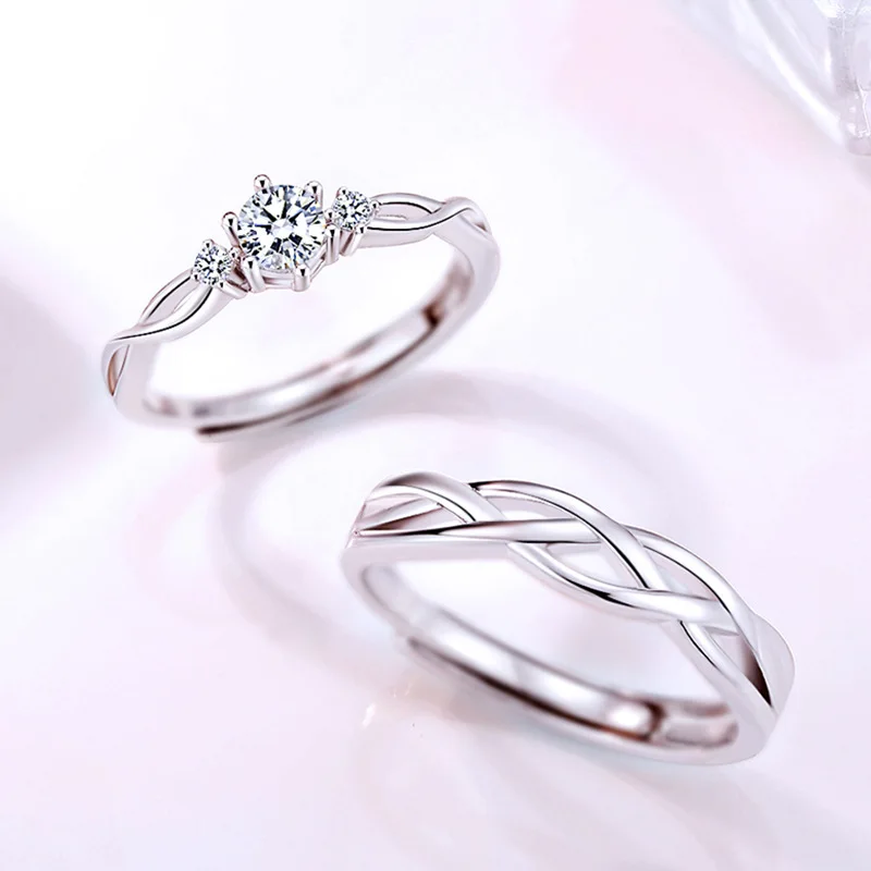 

S925 Sterling Silver 3A Round Zircon Ring Minimalist Twists Design Women Men Couple Open Ring Niche Design Wedding Diamond Ring