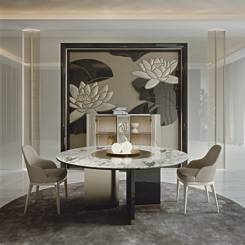 

Italian dining table modern minimalist light luxury style stainless steel marble rectangular dining table and chair combination