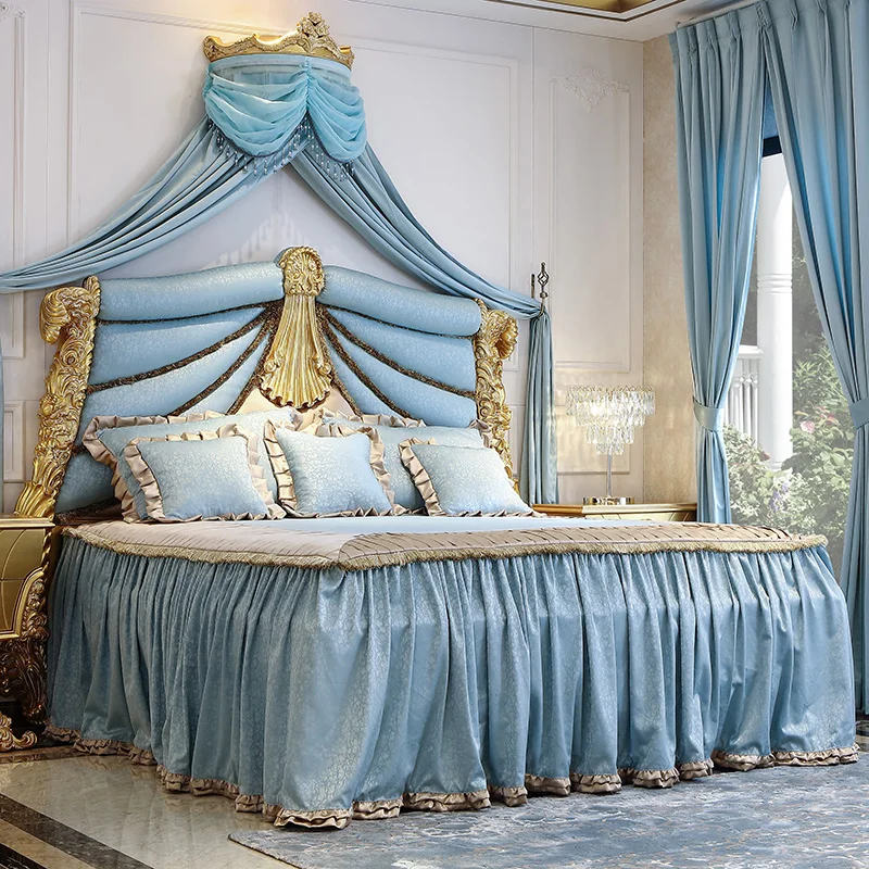 Baroque classical palace villa handmade solid wood carved King Bed French gold foil double bed |