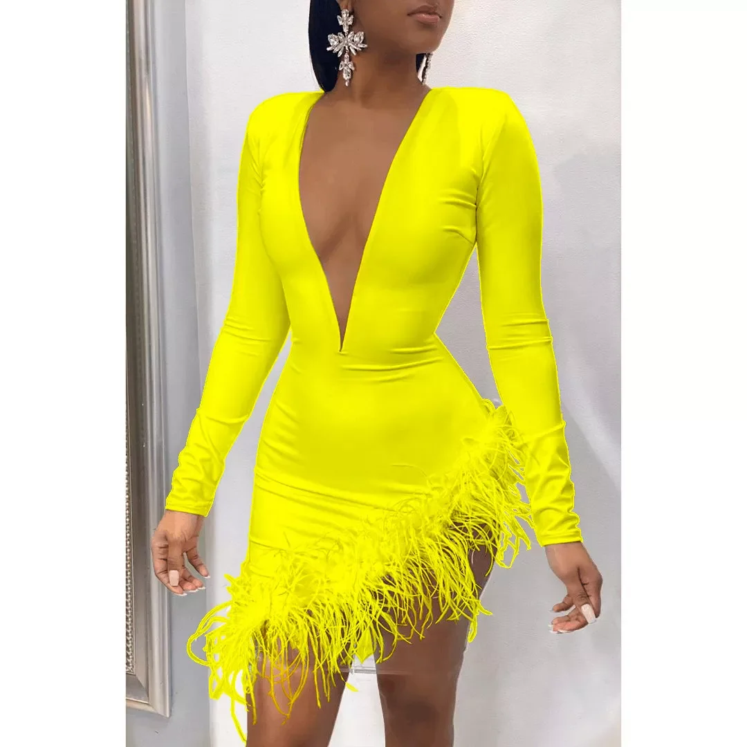 

NEW IN Women Dress Deep V-neck Feather Streetwear Party Night Solid Color Bodycon Dress Clothes For Women Vestidos