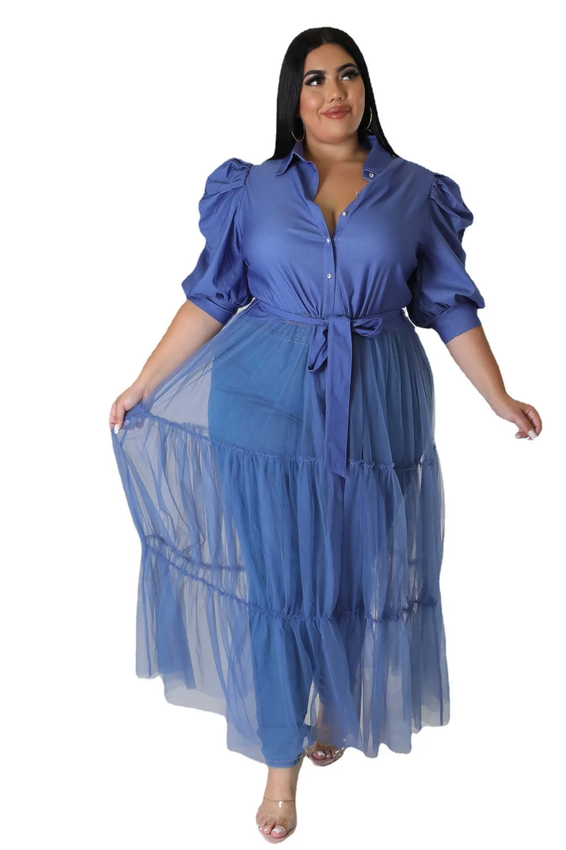 Plus Size Hot Sale Mesh Women Casual Dress Pleats Half Sleeves Patchwork Belt Sexy Party Club Shirt Dresses 3xl 4xl 5xl 6xl