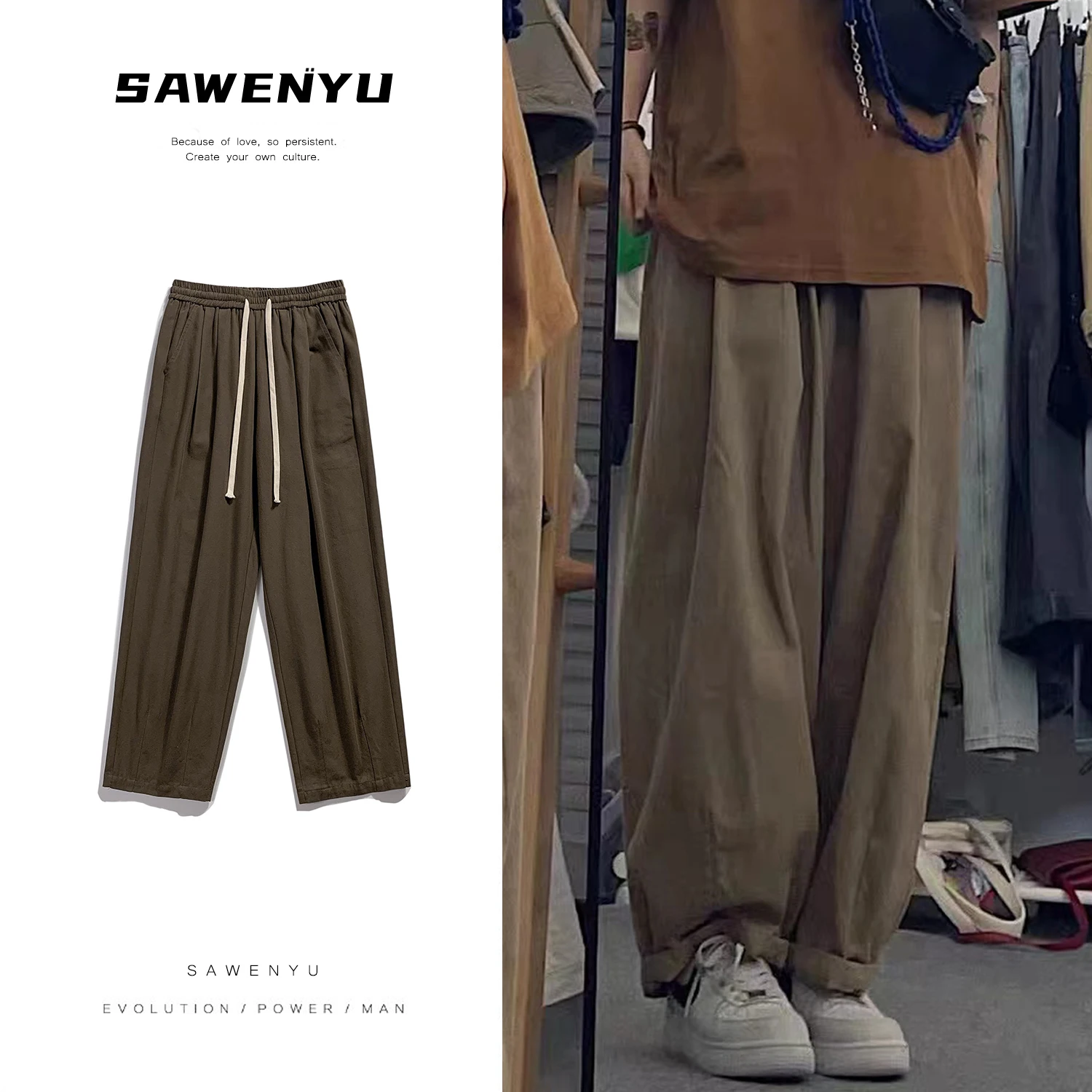

Mens Casual Cotton Harem Pants Men Pockets Loose Straight Pants Elastic Waist Work Trousers Joggers Male Apricot/Black/Coffee