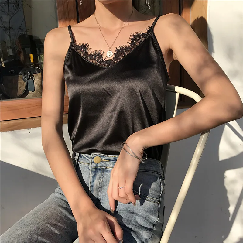 

2022 Summer Satin Tank Top Women Camis Roupas Slik Summer Lace Tops Female Camisole Black Halter Basic Ladies Tops Size XXXL/4XL