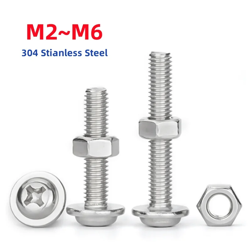 

M2 M2.5 M3 M4 M5 M6 304 Комбинированный набор винтов с крестообразным шлицем из нержавеющей стали и круглой ферменной головкой с шайбой и мягким воротником