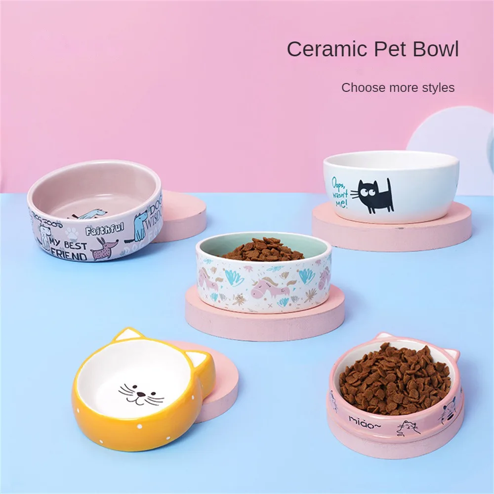 

Cute Cat Accessories Cartoon Water Bowl For Cat Single Bowl Flat Ceramic Pet Feeders Pet Supplies Round Pet Feeding Bowl