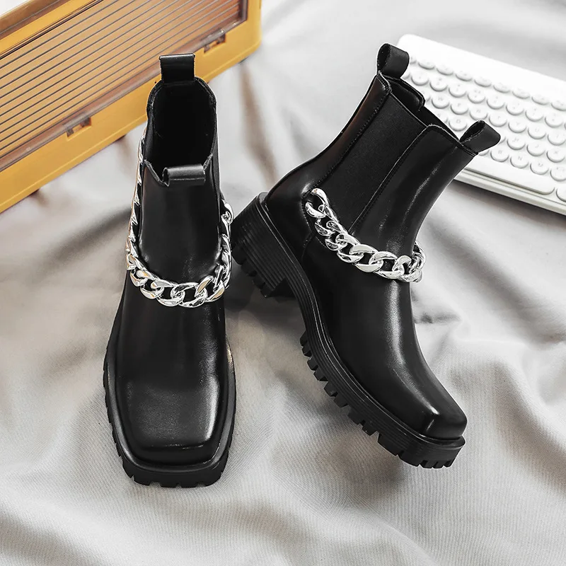 Men Black Fashion Sqaure Toe Platform Chelsea Boots Casual Split Leather Ankle Boots Male Footwear Chain Design Chunky Shoes