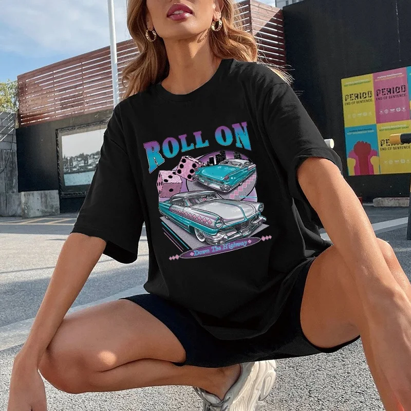 

Streetwear Women Punk Cartoon Car Print Oversized T-shirt Female Clothes Short Sleeve O-Neck Top Harajuku Tee Cotton Vintage Y2K
