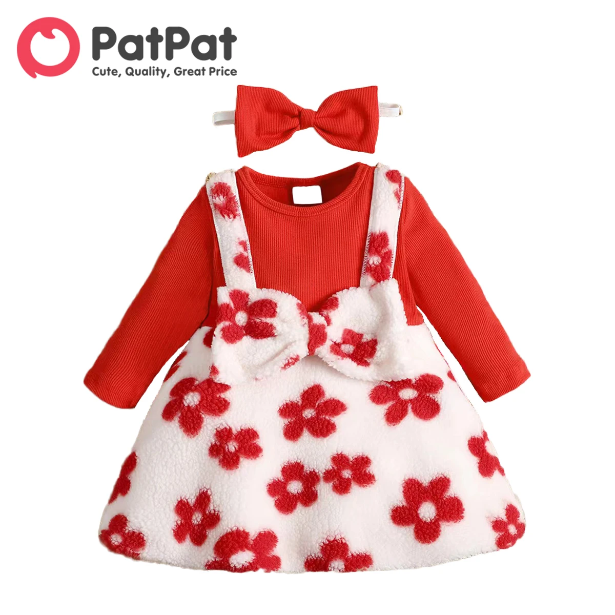 

PatPat 2pcs Baby Girl Red Ribbed Long-sleeve Spliced Floral Sherpa Fleece Bow Front Dress with Headband Set