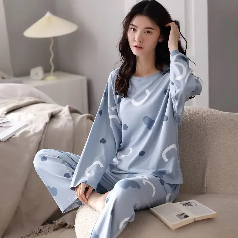 100% Cotton Pajama Set Women's Spring Autumn Casual Cartoon Pijama 2 Piece Korean Elegant Nightie Loose Sleepwear Homewear Suit