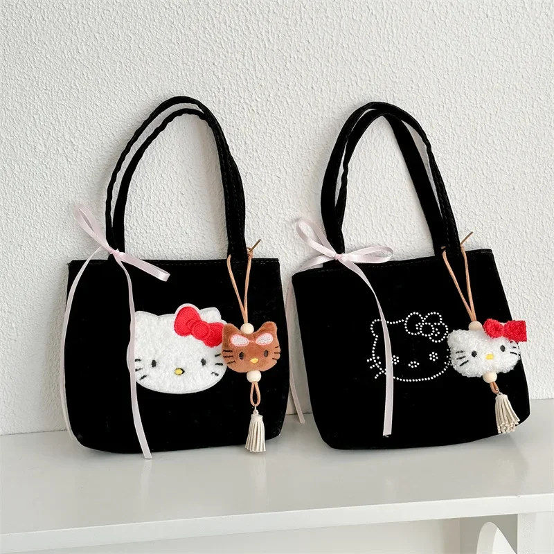 

Kawaii Sanrio Anime Hello Kitty Cute Cartoon Large Capacity Velvet Casual Hot Diamond One Shoulder Handbag Gifts for Girls