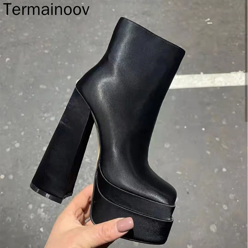 

Termainoov Women Boots 15CM High Heels Square Toe Big Size 43 Party Shoes Stain Dress Shoes Platform Chunky Heeled Ankle Boot