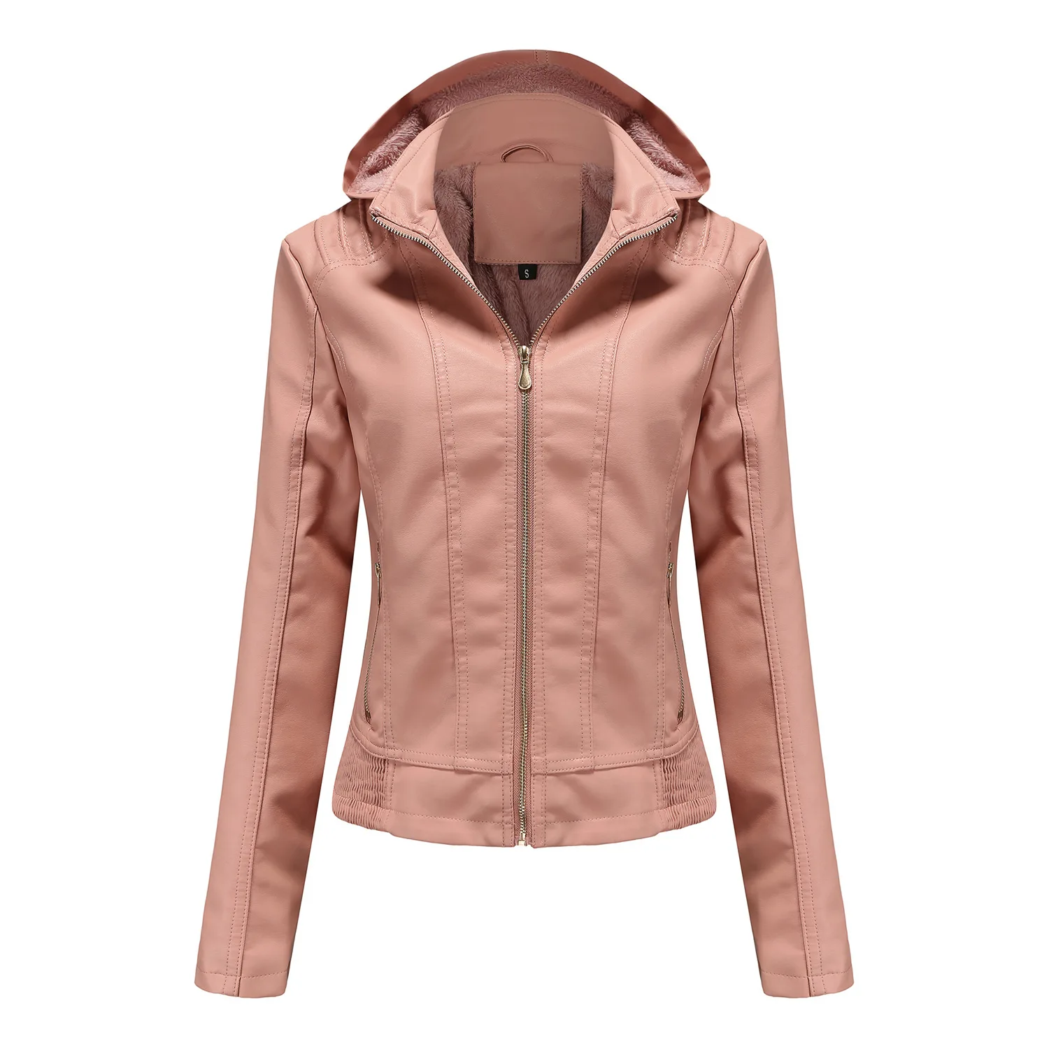 Autumn and winter hooded leather jacket women's detachable hat zipper long sleeve plush leather jacket fitted warm coat