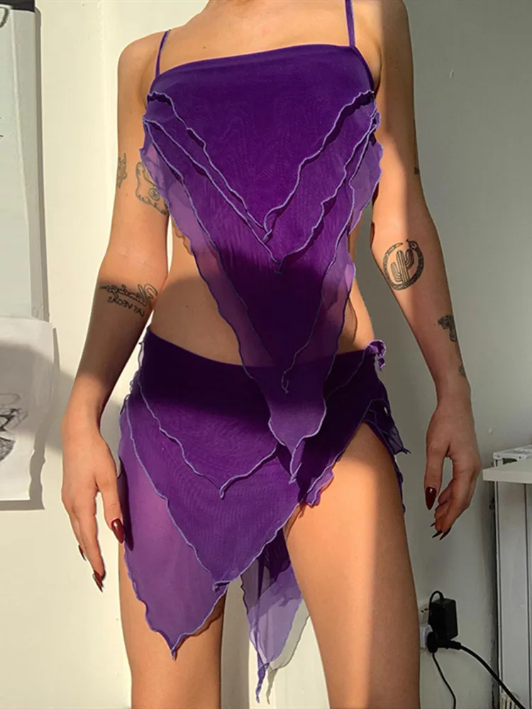 

hirigin Solid Slash Neck Slip Hollow Out Irregular Crop Top Slit Skirts 2 Pcs Matching Set Summer New Wear Holiday Beach Y2K