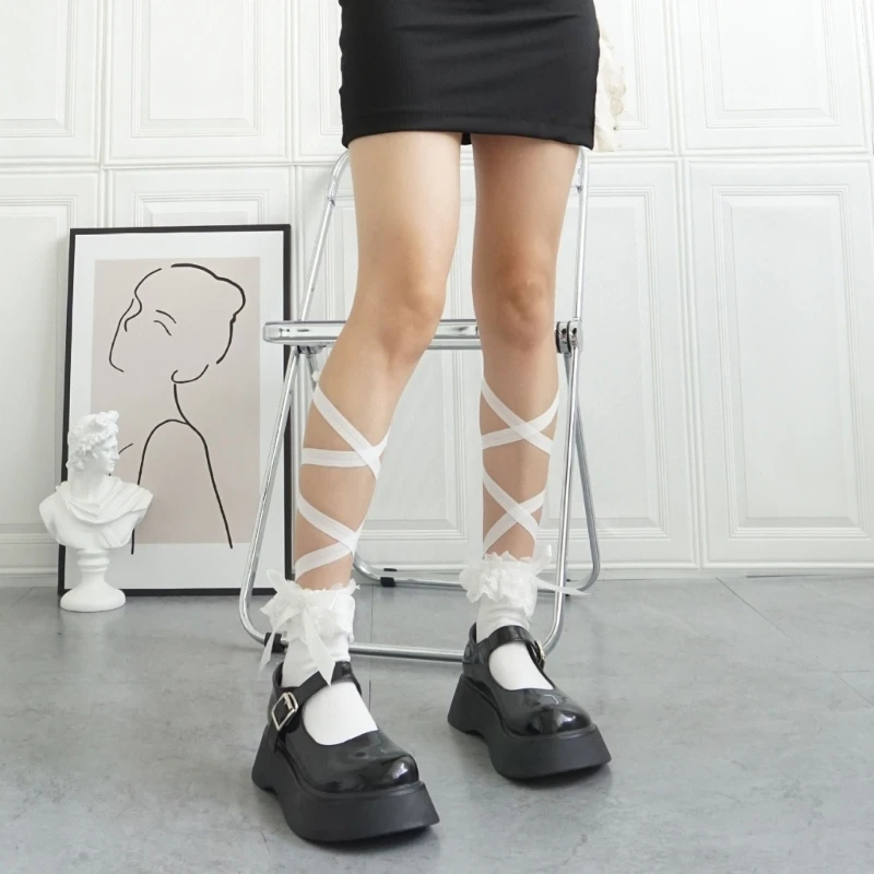 

Женские балетные чулки с бантом и лентой, ажурные однотонные кружевные повязки, длинные носки до колена для повседневной носки