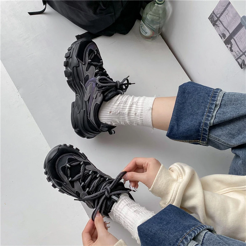 2023 New Spring Women Casual Sneakers Woman Fashion Platform Flats Lace Up Outdoor Walking Shoes Black