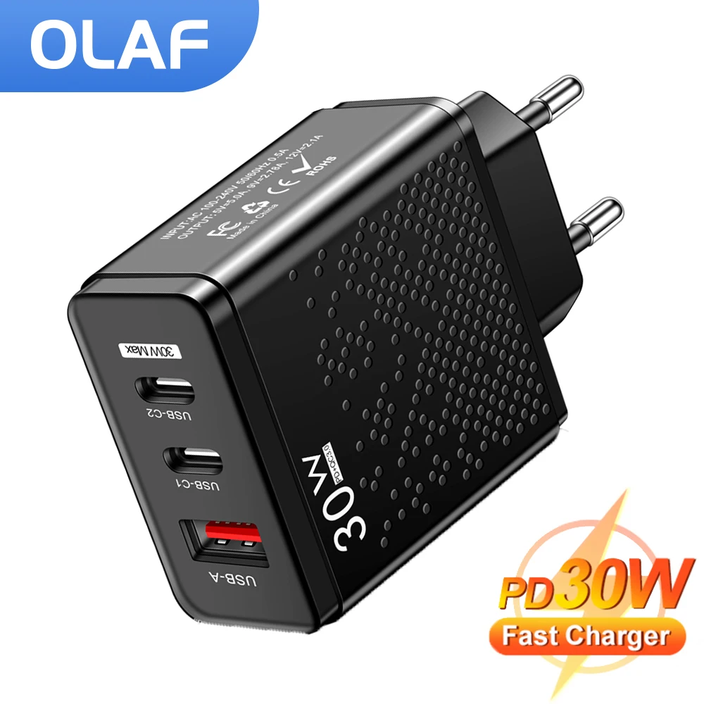 

OLAF USB Type C Fast Charger 30W QC 3.0 Dual PD Port Portable Adapter For IPhone 14 13 12 IPad Xiaomi Huawei Fast Wall Chargers