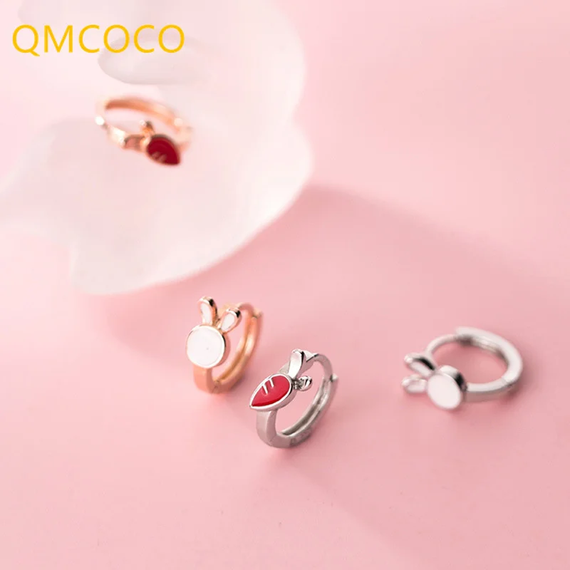 

QMCOCO Silver Color Cute Mini Simple Rabbit Carrot Asymmetry Hoop Earrings Korean Fashion Women Trendy Sweet Jewelry Gifts