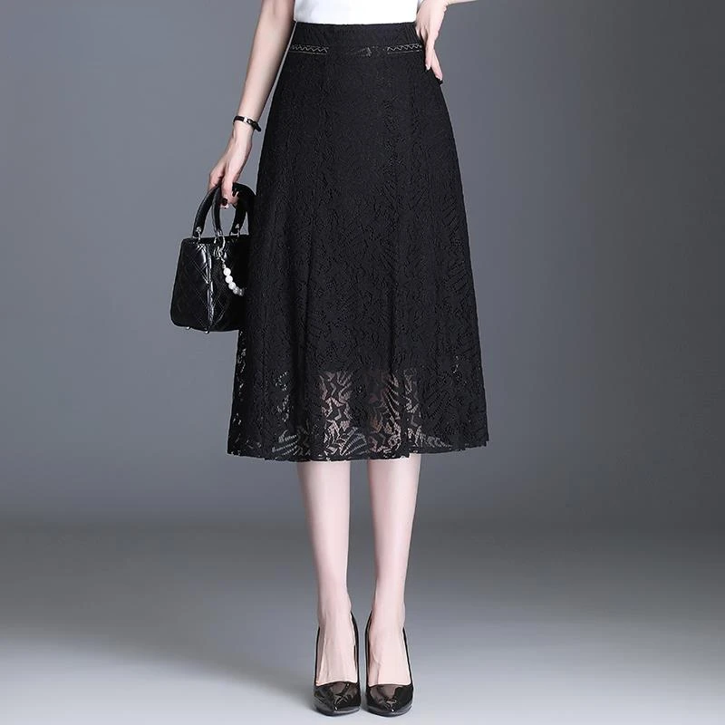 

Women Lace Big Swing Pocket A-line Skirt Spring Fall High Waist Skirt Office Lady Black Skirt Saia Pleated Black Jupe