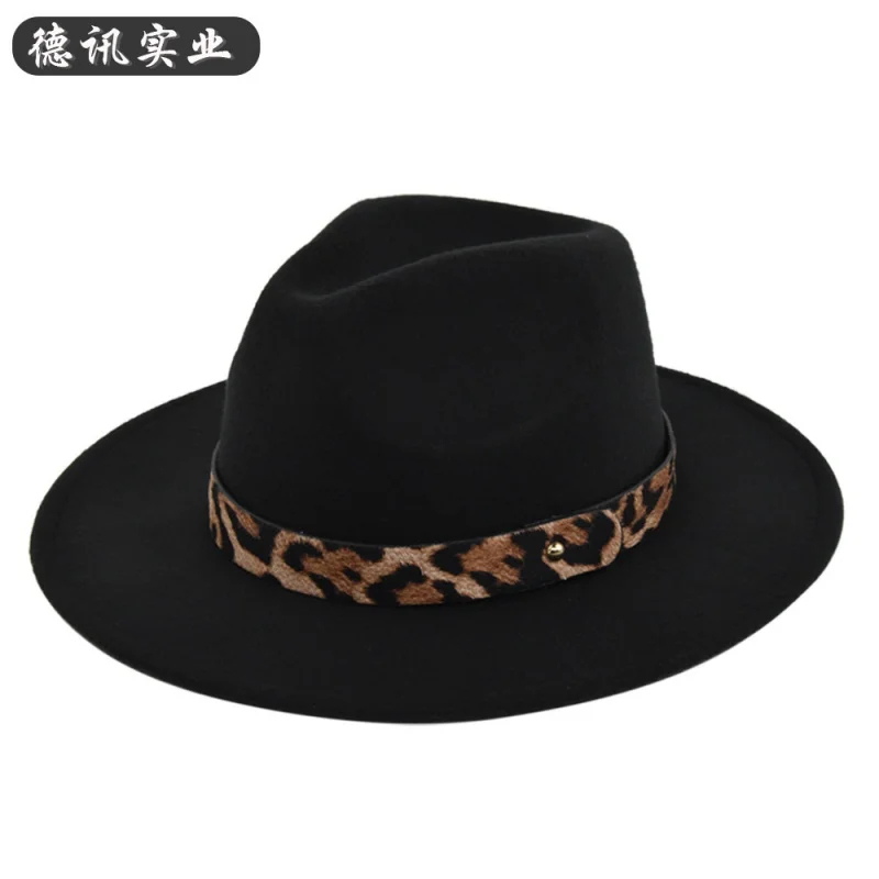 

New Leopard Belt Woolen Hat Leopard Print Fedora Hat Retro Black Wool Cap Flat Brim Broad-Brimmed Hat