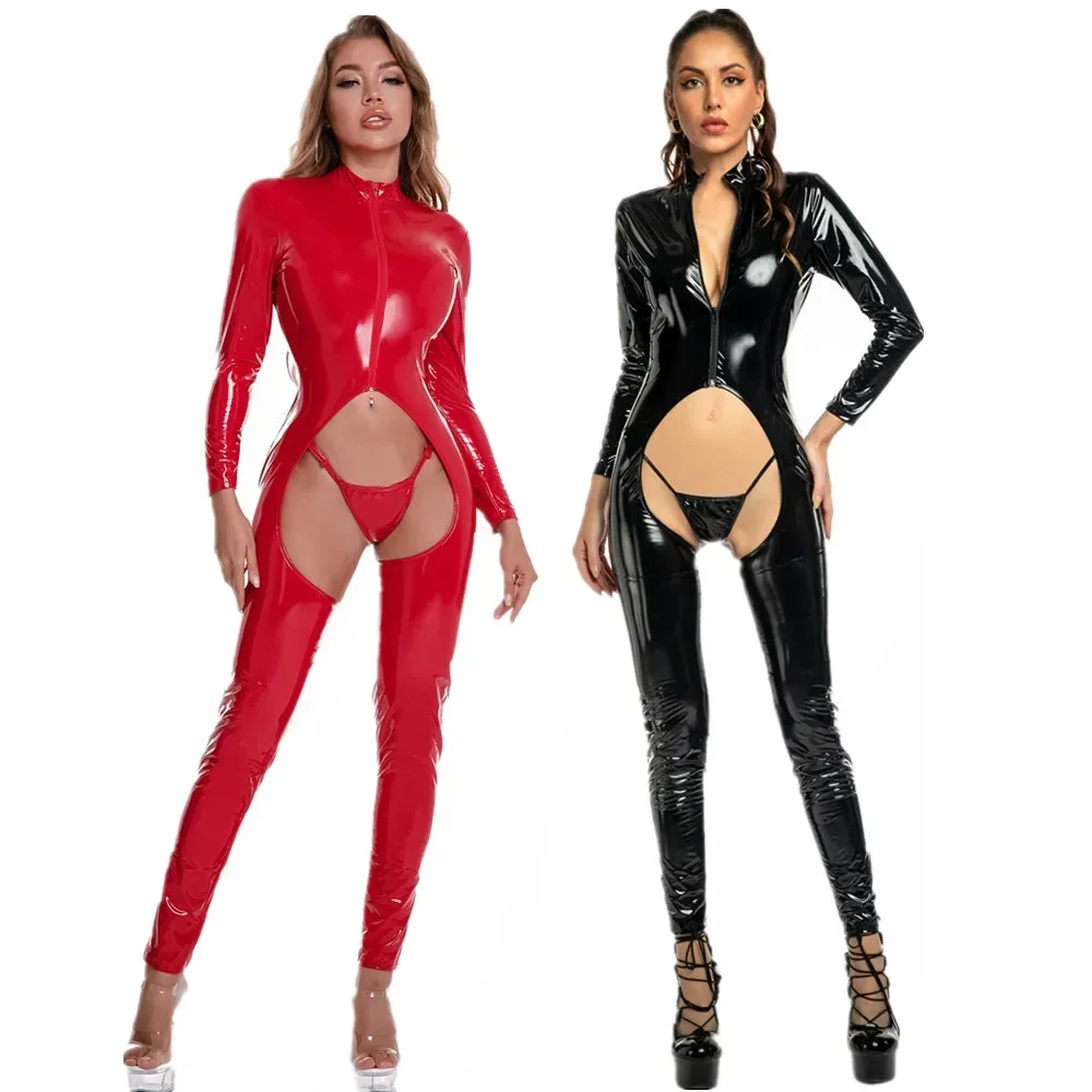Эротический кожаный комбинезон без вырезов с мокрым эффектом боди длинными