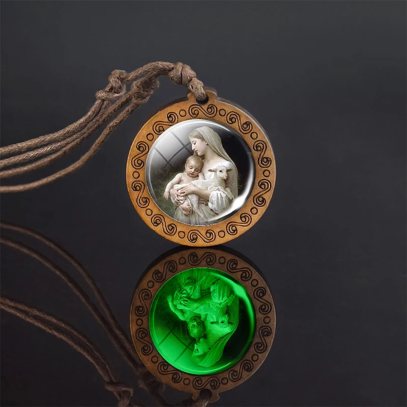 

Christ and The Virgin Mary Luminous Wooden Necklace Glass Dome Pendant Glow In The Dark Christian Jewelry Christian Gift