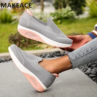 summer women sports shoes 36 43 large size knitted mesh breathable thick soled walking shoes outdoor casual womens shoes