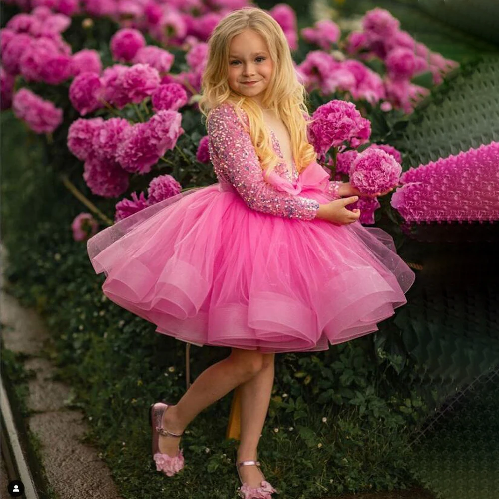 

Fashion Girl Princess Long Sleeve Bow Dress Evening Child Clothes Pink Wedding Party Birthday Tutu Dress Vestidos 1-12 Years