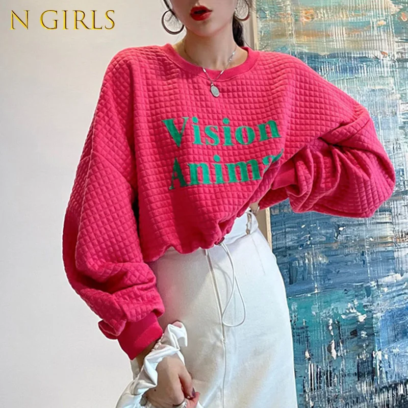 

N GIRLS Hoodies Girls 2021 Autumn Korean Niche Retro Plaid Letter Printing Loose Short Hem Drawstring Lantern Sleeve Sweatshirt