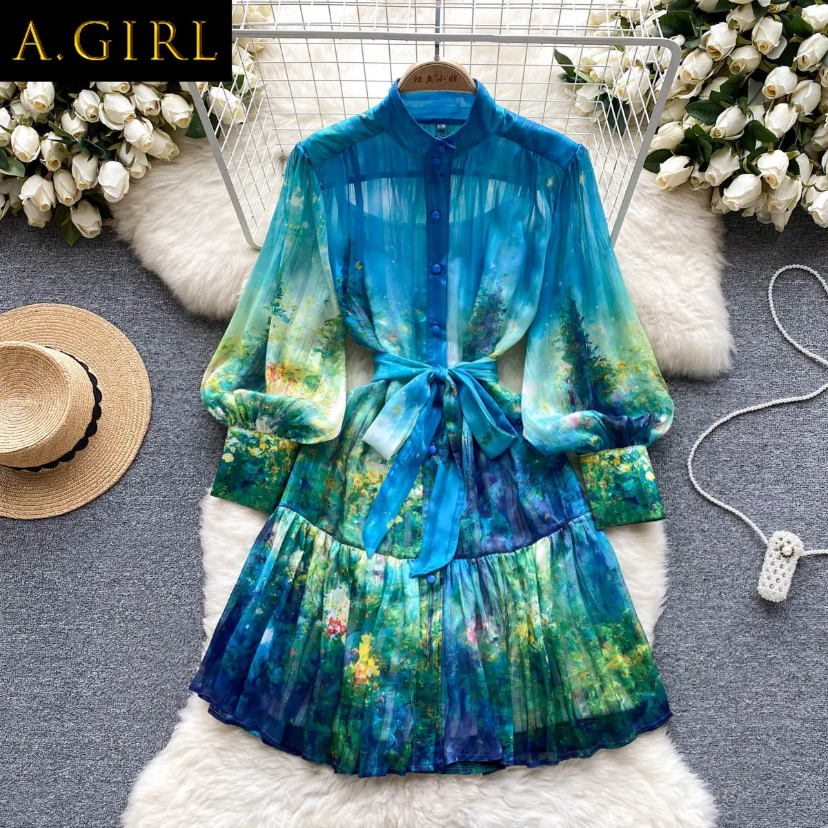 

Женское шифоновое платье-мини с поясом, модельное синее платье с цветочным принтом, с воротником-стойкой и длинным рукавом-фонариком
