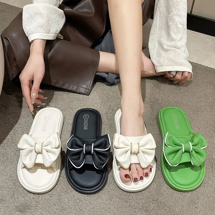

Shoes Woman 2023 Slippers Casual Butterfly-Knot Pantofle Low Luxury New Summer Flat Rubber Fashion PU Slides Rome Butterfly-knot
